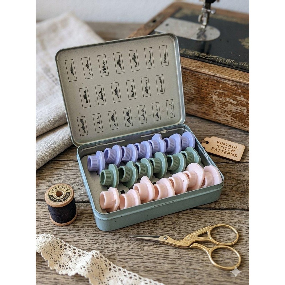 20 Vintage Sewing Machine Decorative Cams Stitch Pattern Disc Set Teal Metal Tin